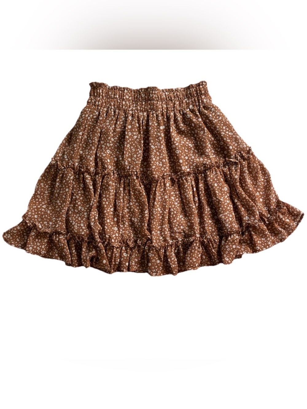 Newbury Kustom Boho Tiered Ruffle A-Line Short Skirt Brown & White Floral Small